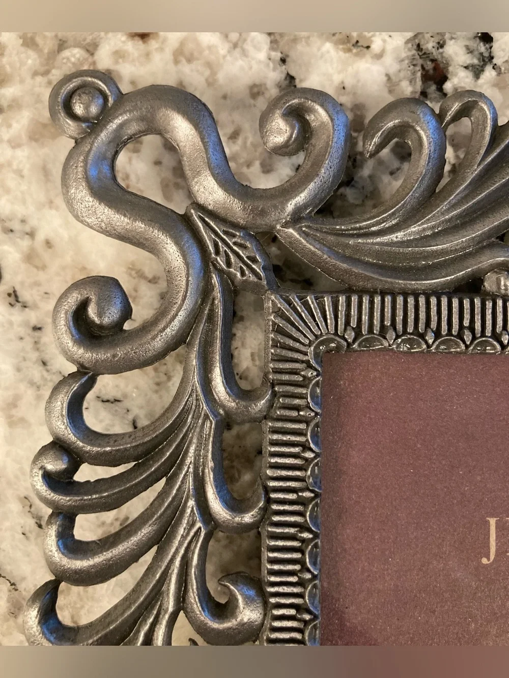 2 Ornate Picture Frames, Silver Toned, Scroll, Burlap